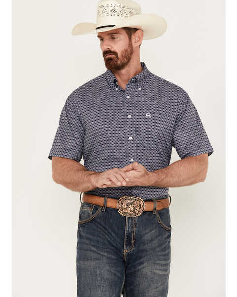 Cinch Men's ARENAFLEX Geo Print Short Sleeve Button-Down Western Shirt , Navy, hi-res
