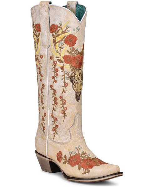 Corral Women's Floral & Deer Embroidered Western Boots - Snip Toe, White, hi-res