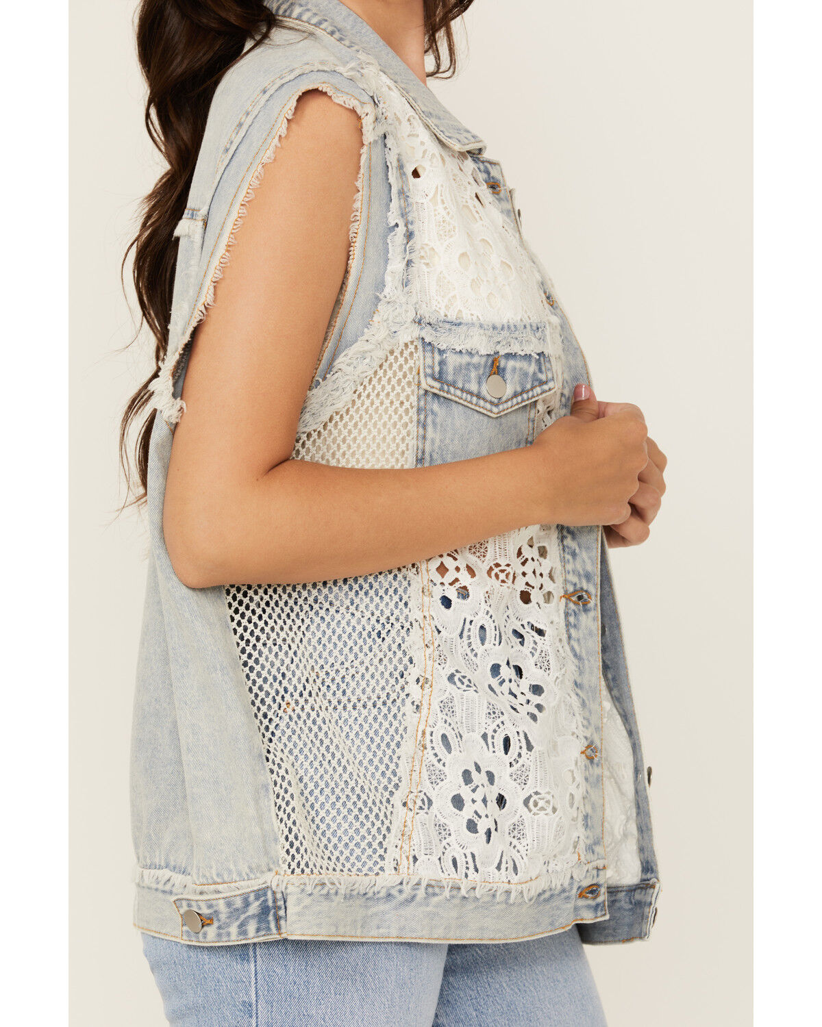 Image #3 - POL Women's Denim Lace Button-Down Vest, Light Wash, hi-res