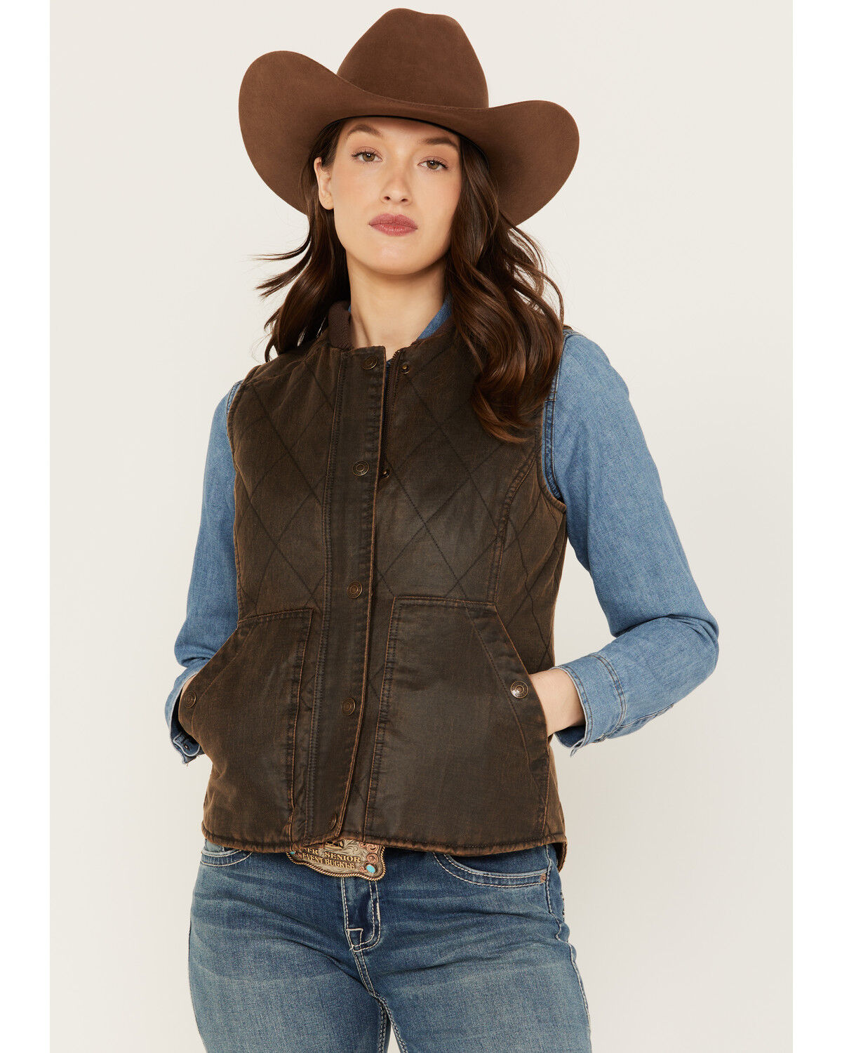 Image #1 - Circle S Women's Zip Front Enzyme Washed Cotton Concealed Carry Vest, Brown, hi-res