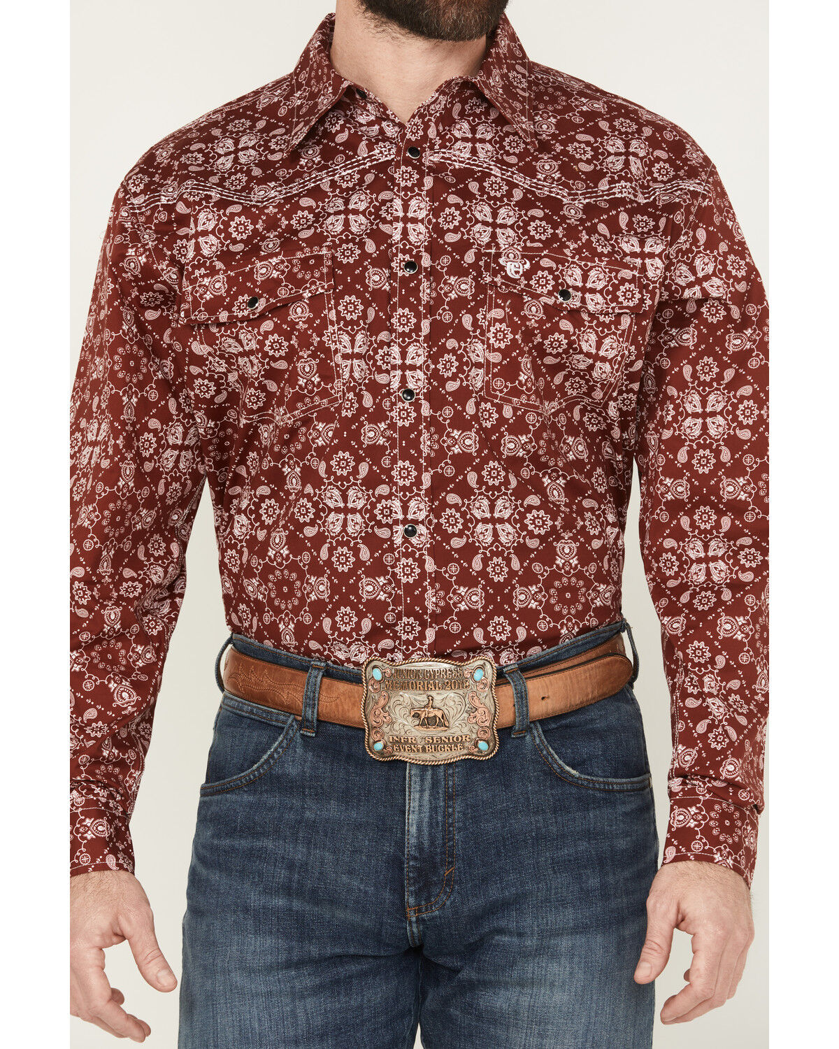 Image #3 - Cowboy Hardware Men's Bandana Long Sleeve Snap Stretch Western Shirt, Red, hi-res