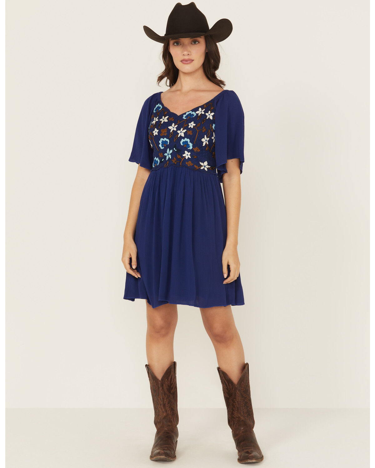 Image #1 - Shyanne Women's Embroidered Crinkle Flutter Sleeve Mini Dress, Blue, hi-res