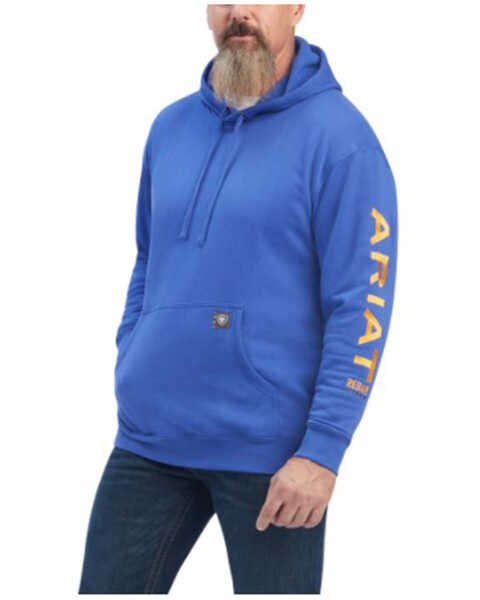 Ariat Men's Rebar Logo Sleeve Graphic Hooded Work Sweatshirt , Blue, hi-res