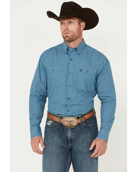 George Strait by Wrangler Men's Plaid Print Long Sleeve Button-Down Western Shirt - Tall, Dark Blue, hi-res