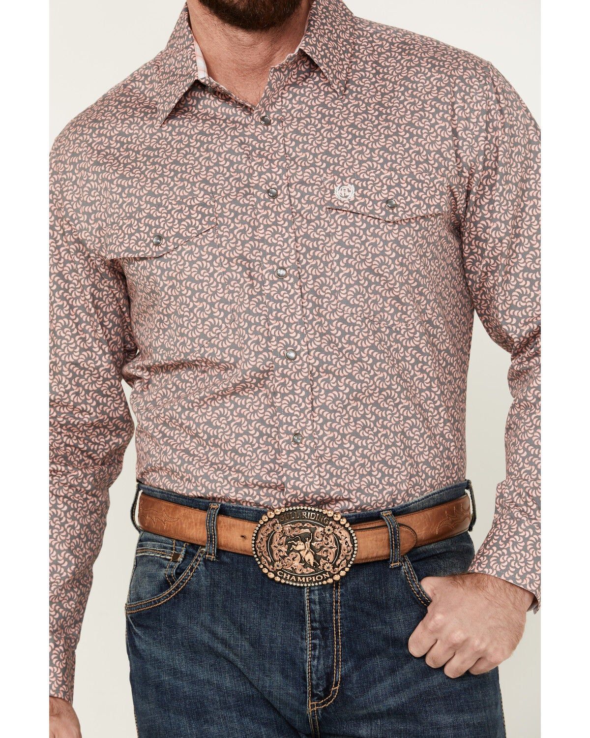 Image #3 - Panhandle Select Men's Printed Long Sleeve Pearl Snap Western Shirt, Grey, hi-res