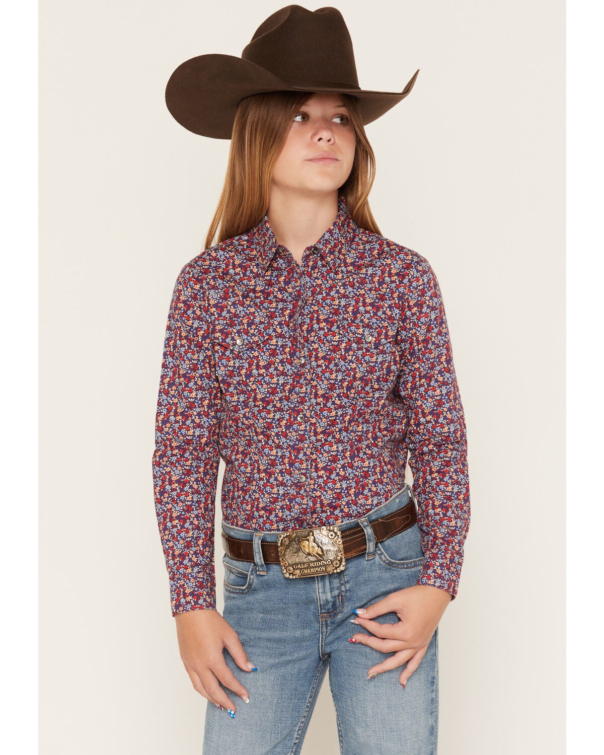 Cruel Girl Girl's Floral Print Long Sleeve Rhinestone Snap Western Shirt, Blue, hi-res