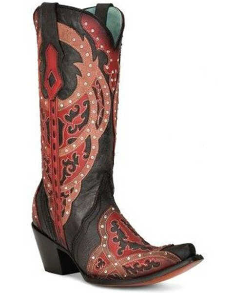 Corral Women's Embellished Western Boots - Snip Toe, Black/red, hi-res