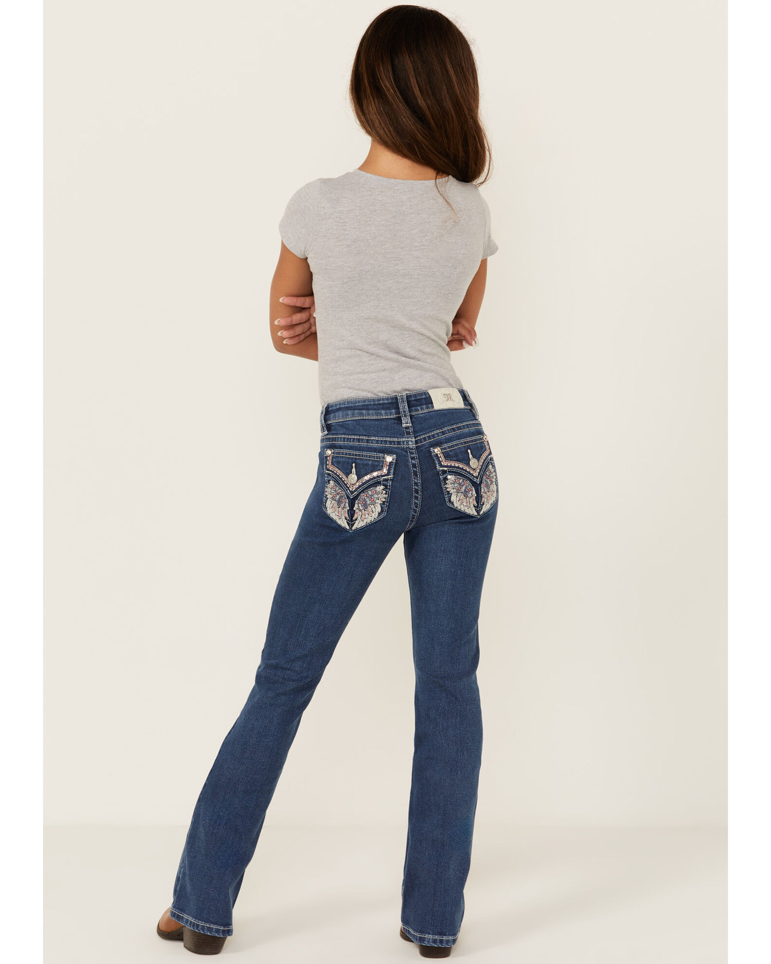 Image #1 - Miss Me Girls' Dark Wash Americana Wing Faux Flap Pocket Bootcut Stretch Denim Jeans, Blue, hi-res
