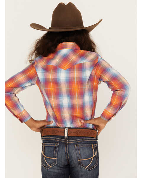 Image #4 - Panhandle Girls' Plaid Print Long Sleeve Western Pearl Snap Shirt, Red, hi-res