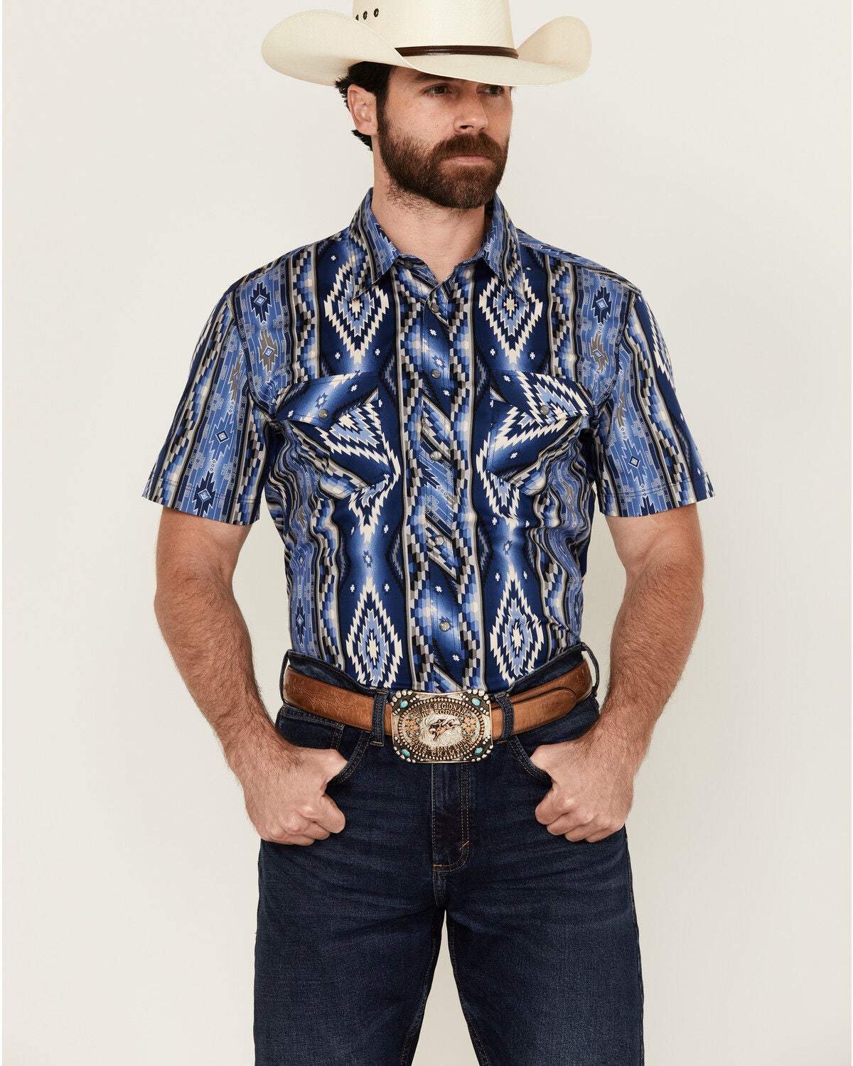 Rock & Roll Denim Men's Southwestern Print Short Sleeve Snap Stretch Western Shirt, Blue, hi-res