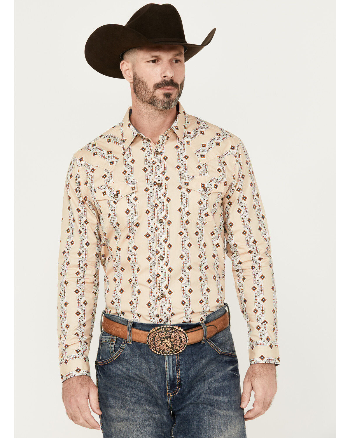 Image #1 - Cody James Men's Floral Striped Print Long Sleeve Snap Western Shirt, Tan, hi-res
