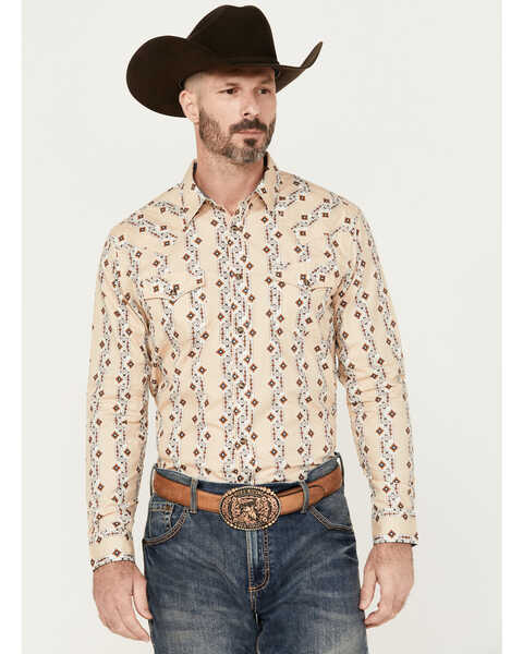 Cody James Men's Floral Striped Print Long Sleeve Snap Western Shirt, Tan, hi-res