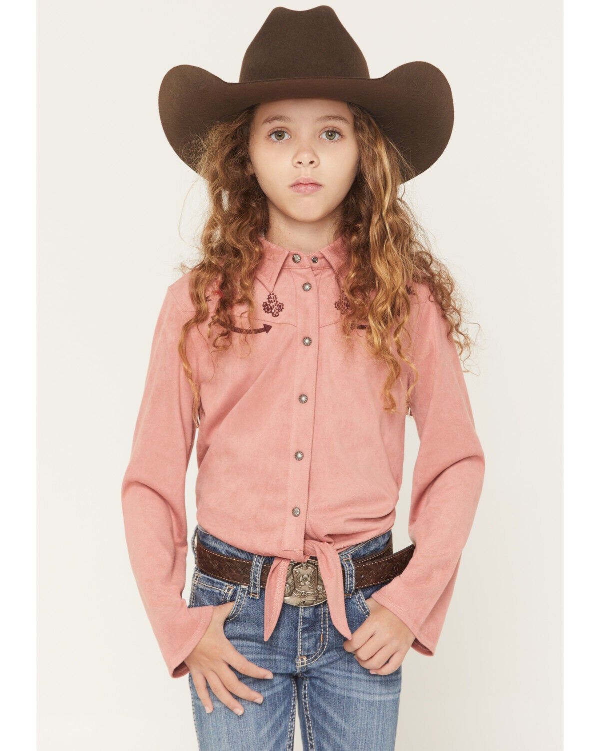 Image #1 - Shyanne Girls' Casey Faux Suede Embroidered Fringe Long Sleeve Western Shirt, Mauve, hi-res
