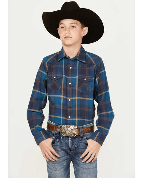 Image #1 - Ariat Boys' Harland Plaid Print Long Sleeve Snap Western Shirt, Blue, hi-res