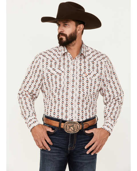 Rodeo Clothing Men's Southwestern Print Long Sleeve Pearl Snap Western Shirt, White, hi-res