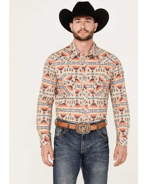 Image #1 - Rock & Roll Denim Men's Southwestern Print Stretch Long Sleeve Snap Western Shirt, Orange, hi-res