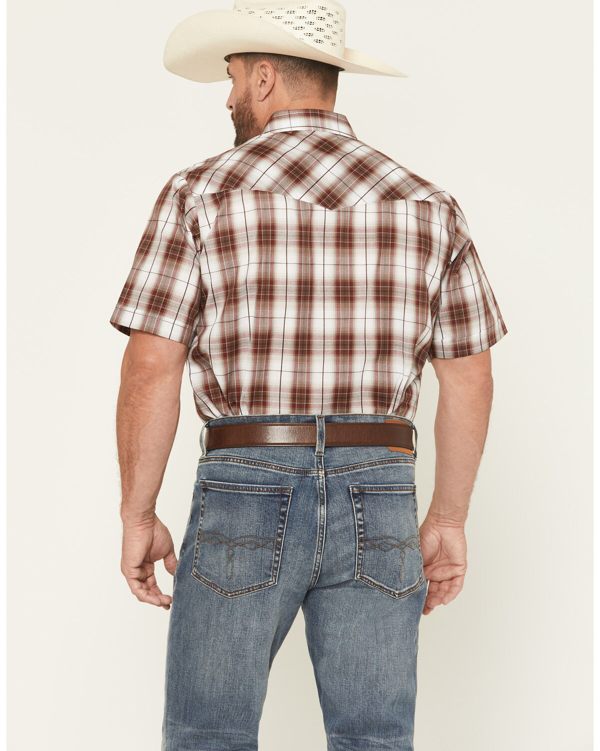 Image #4 - Ely Walker Men's Plaid Print Short Sleeve Snap Western Shirt, Burgundy, hi-res