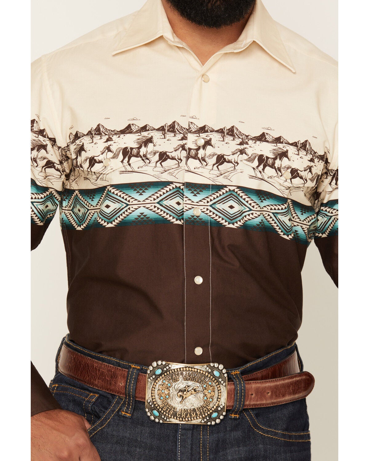 Image #3 - Panhandle Slim Men's Southwestern Horse Border Print Long Sleeve Pearl Snap Western Shirt, Brown, hi-res
