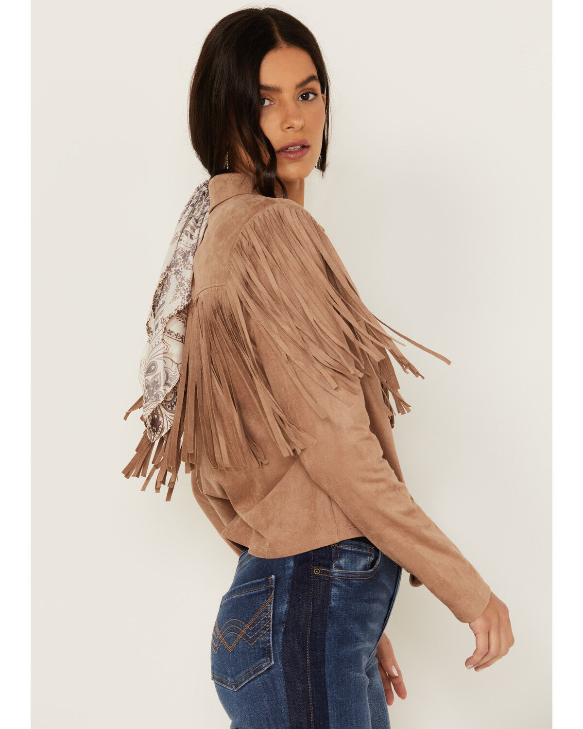 Image #2 - Idyllwind Women's Fate Tie-Front Faux Suede Fringe Shirt, Tan, hi-res