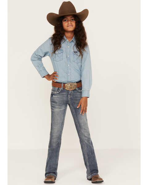 Grace in LA Girls' Medium Wash Faux Flap Embroidered Bootcut Jeans, Blue, hi-res
