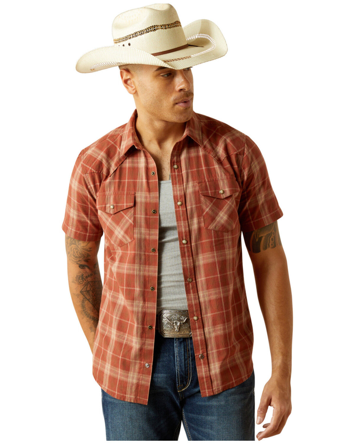 Image #1 - Ariat Men's Hector Retro Fit Plaid Print Short Sleeve Snap Western Shirt, Rust Copper, hi-res