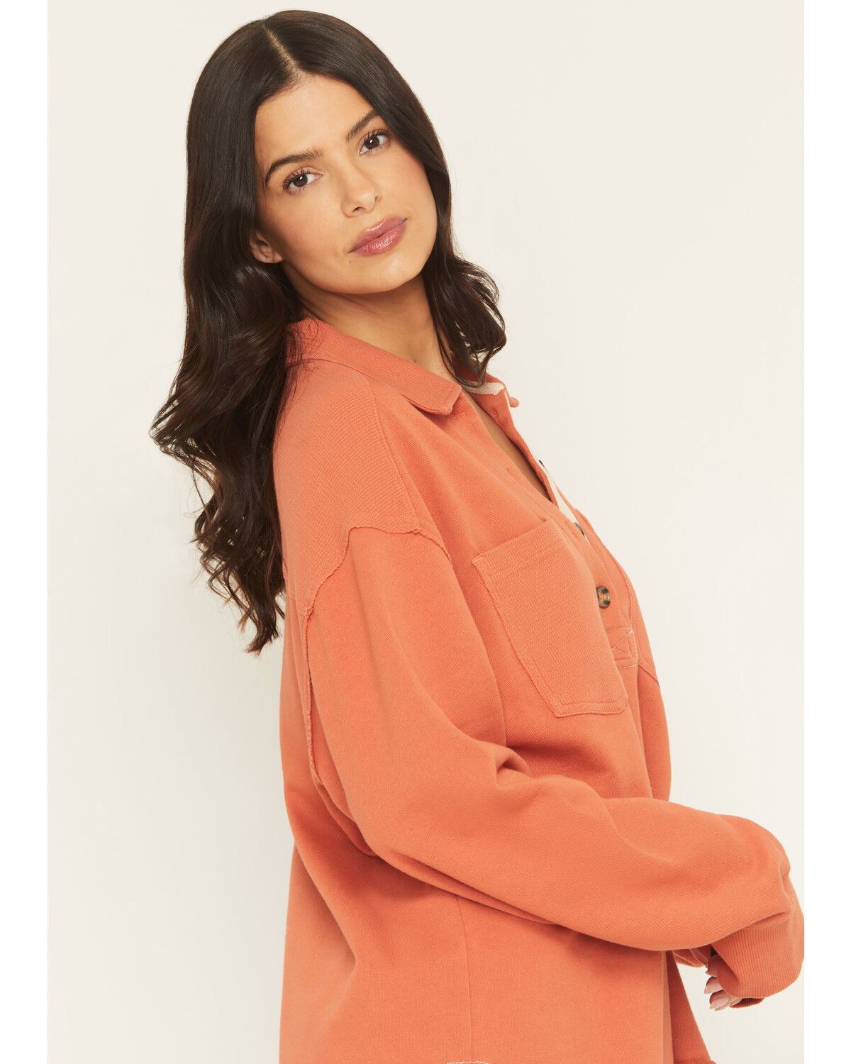 Image #2 - Cleo & Wolf Women's Solid French Terry Long Sleeve Quarter Button-Down Shirt, Orange, hi-res