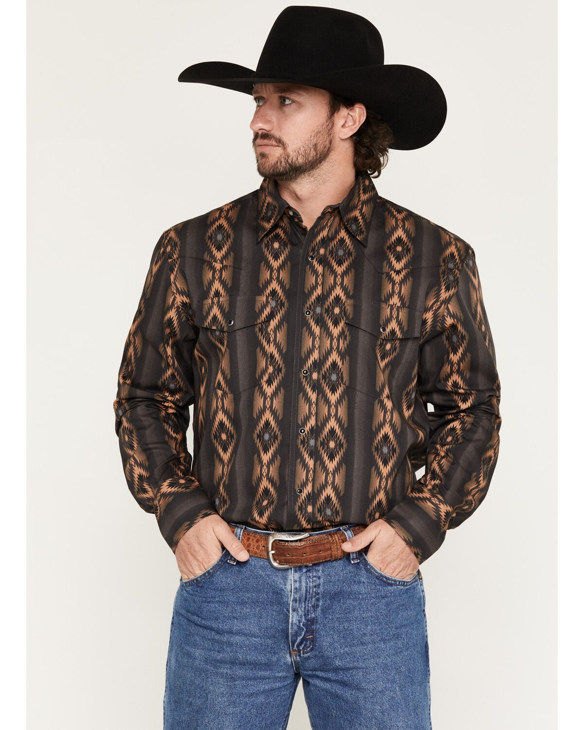Wrangler Men's Checotah Southwestern Print Long Sleeve Snap Western Shirt - Tall, Black, hi-res