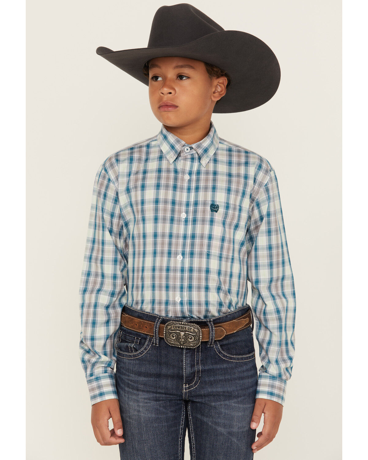 Image #1 - Cinch Boys' Plaid Print Long Sleeve Button-Down Western Shirt, Blue, hi-res