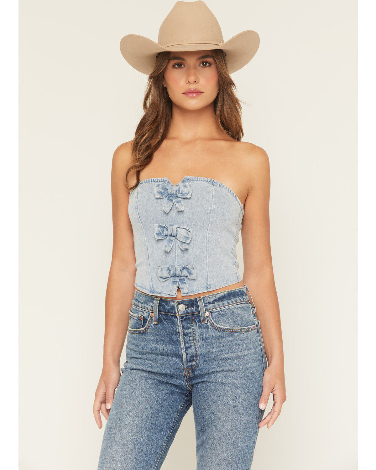 Image #2 - Blue B Women's Bow Tie Denim Bustier, Light Wash, hi-res