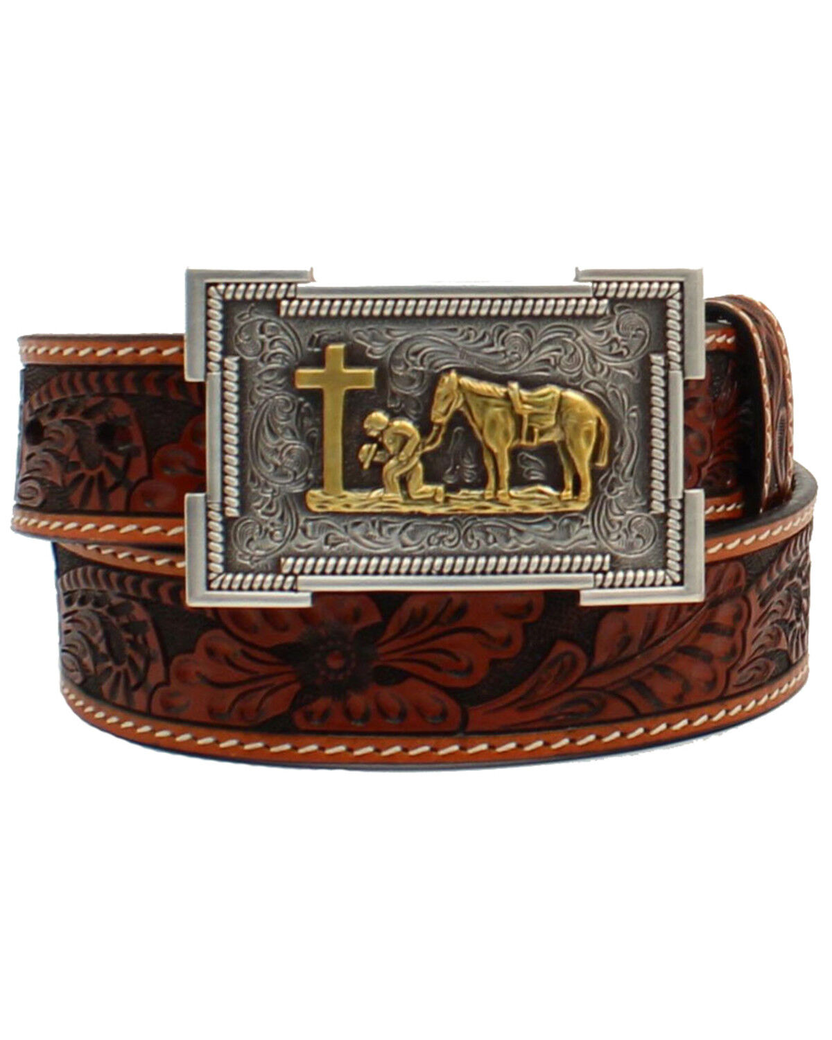Image #1 - 3D Boys' Floral Tooled Western Belt, Tan, hi-res