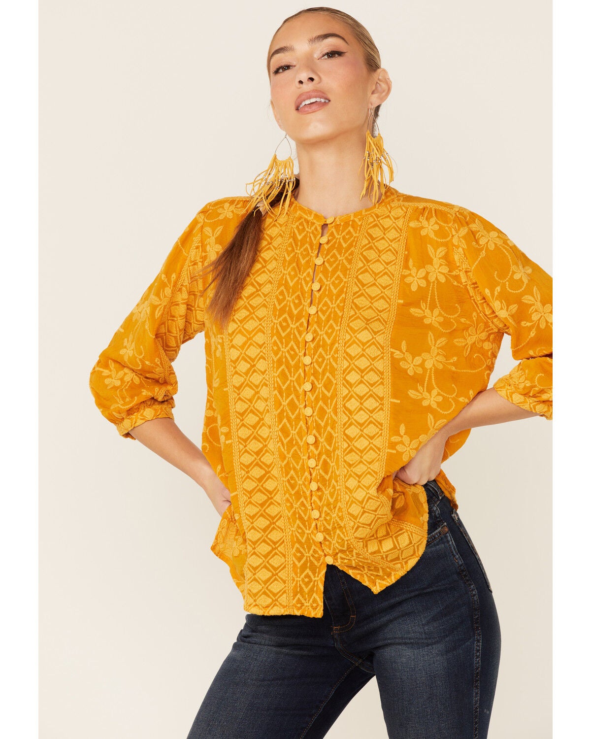Johnny Was Women's Ciaga Phoebe Button Down Top, Gold, hi-res