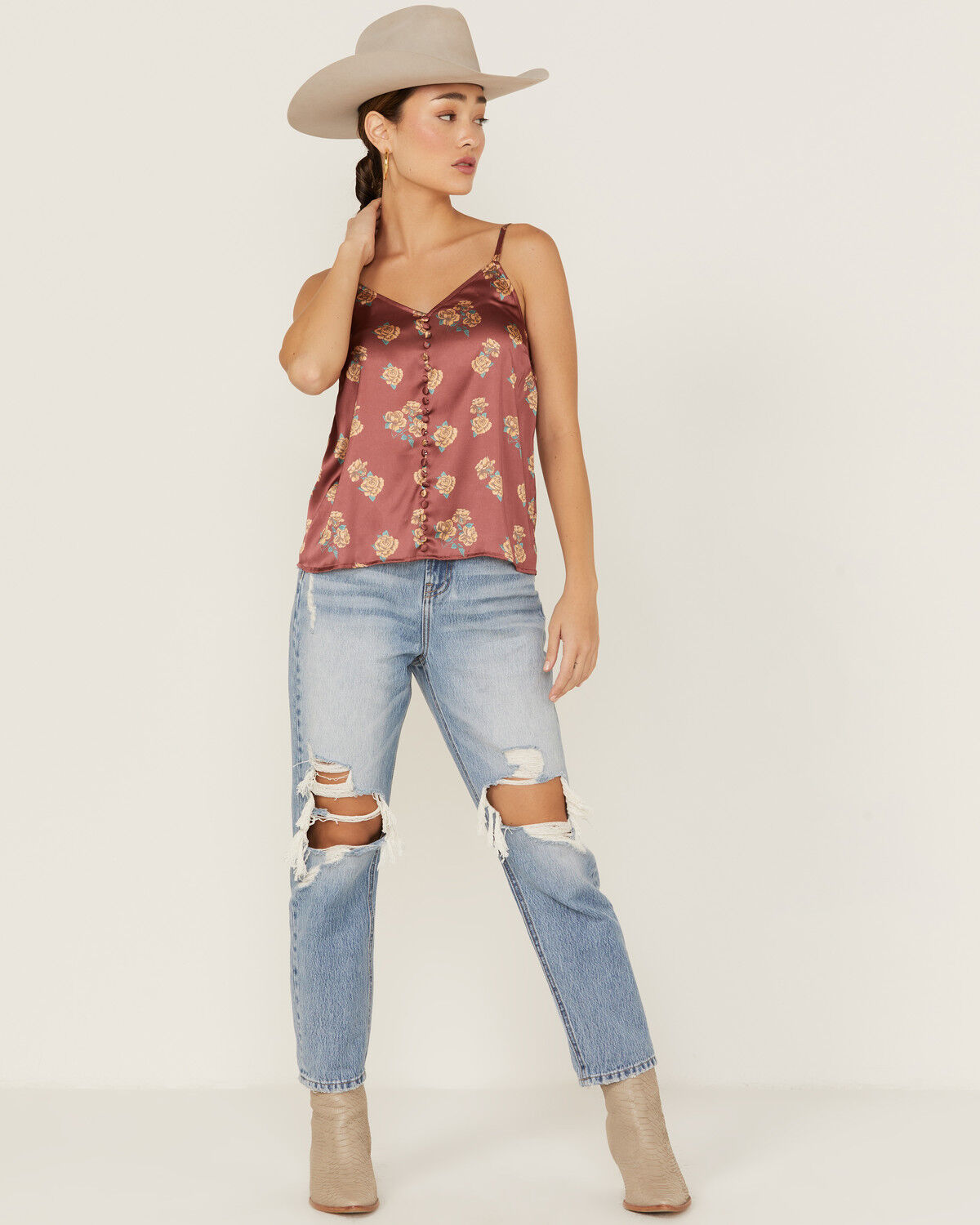 Image #4 - Panhandle Women's Floral Satin Button Front Cami, Rust Copper, hi-res