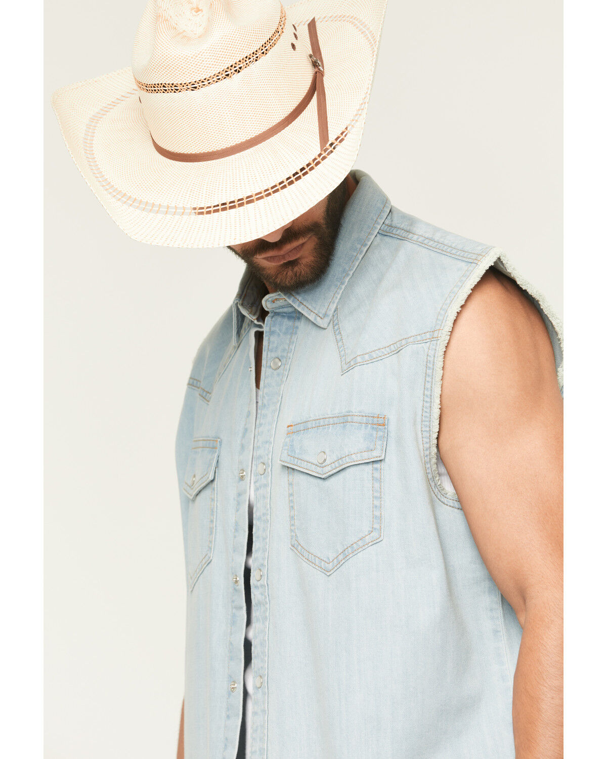 Image #2 - Cody James Men's Light Wash Frosty Sleeveless Snap Denim Bubba, Light Wash, hi-res