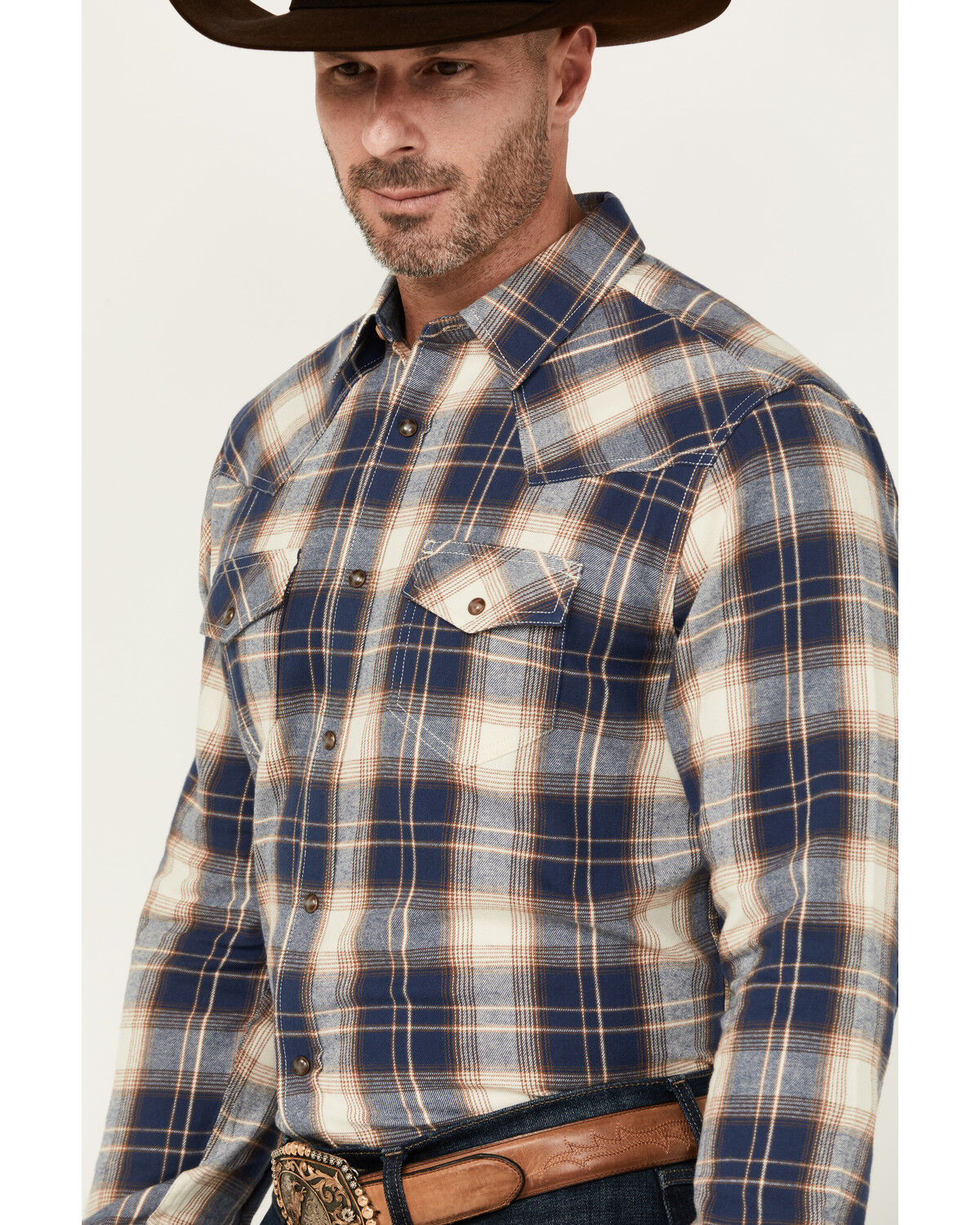 Image #2 - Cody James Men's Harvest Plaid Print Long Sleeve Snap Western Shirt, Cream, hi-res