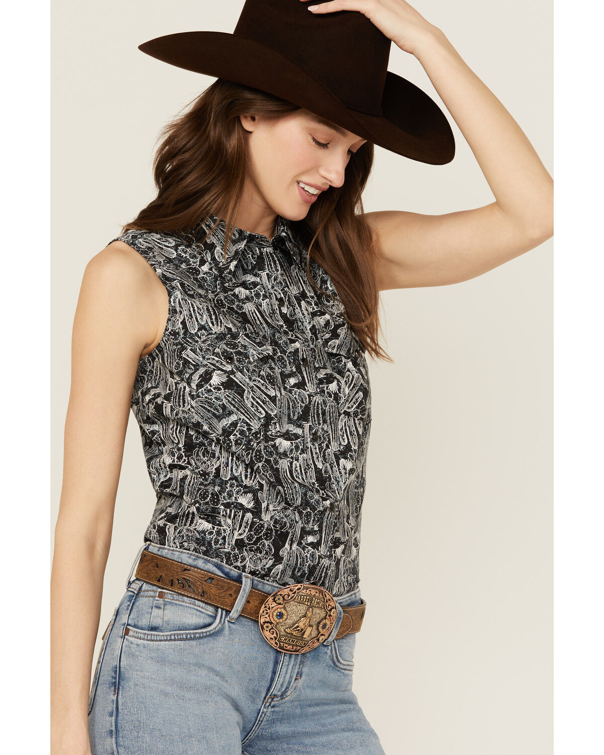 Image #2 - Wrangler Women's Cactus Print Sleeveless Snap Western Shirt, Black, hi-res