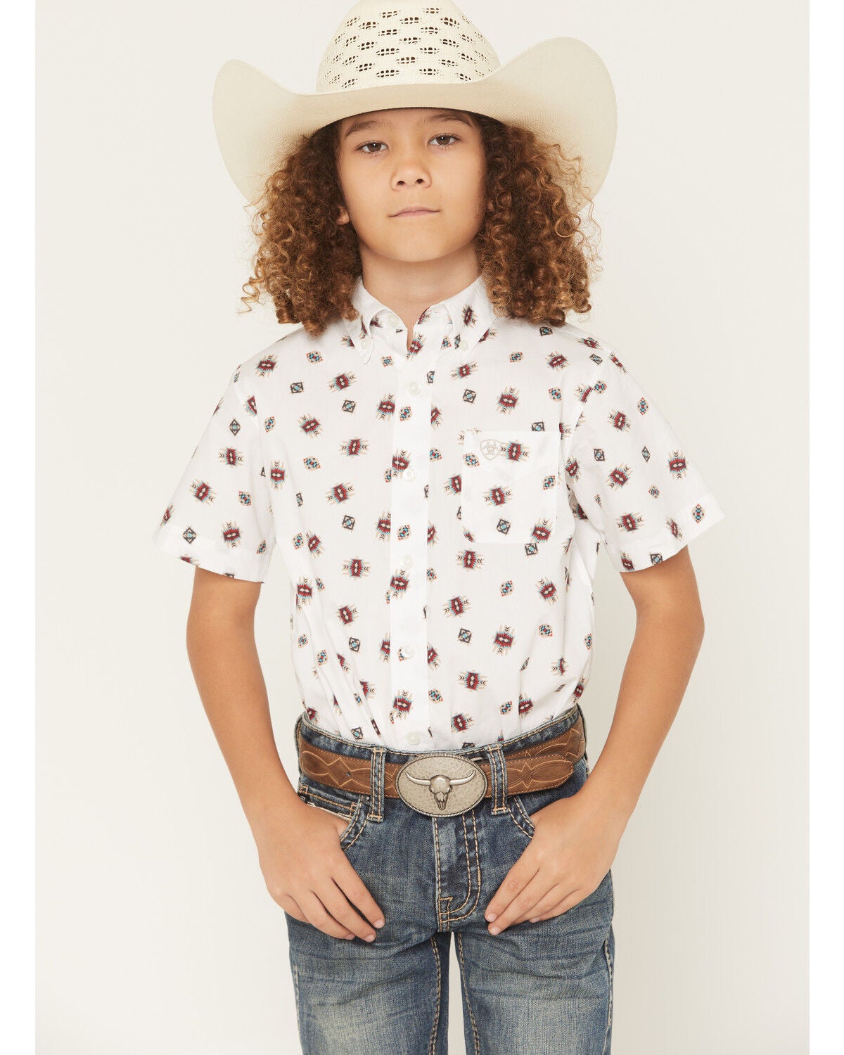 Image #1 - Ariat Boys' Geo Short Sleeve Button-Down Western Shirt, Tan, hi-res