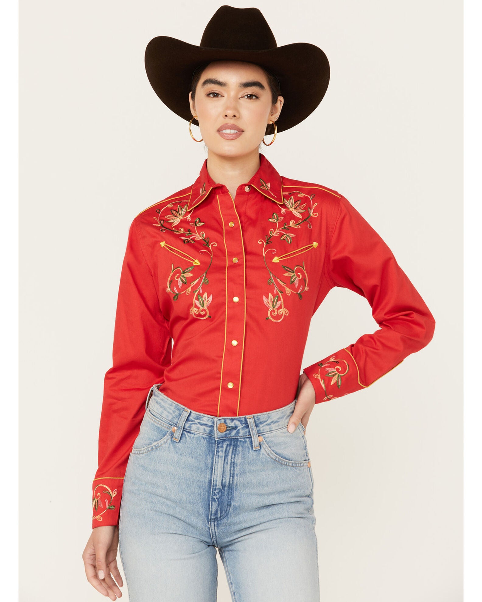 BWN0S06682 Rock & Roll Women's Sleeveless Embroidered Retro Snap Shirt - Wine