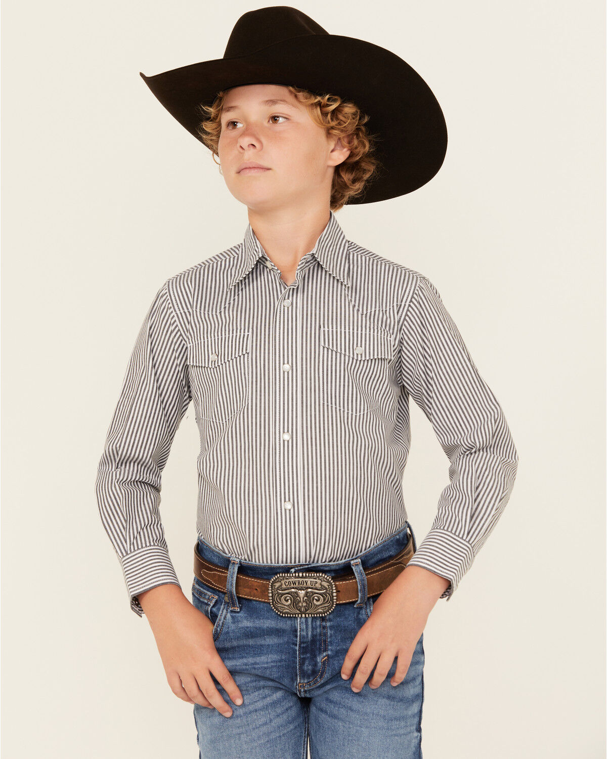 Image #1 - Wrangler Boys' Striped Print Long Sleeve Pearl Snap Western Shirt, Black/white, hi-res