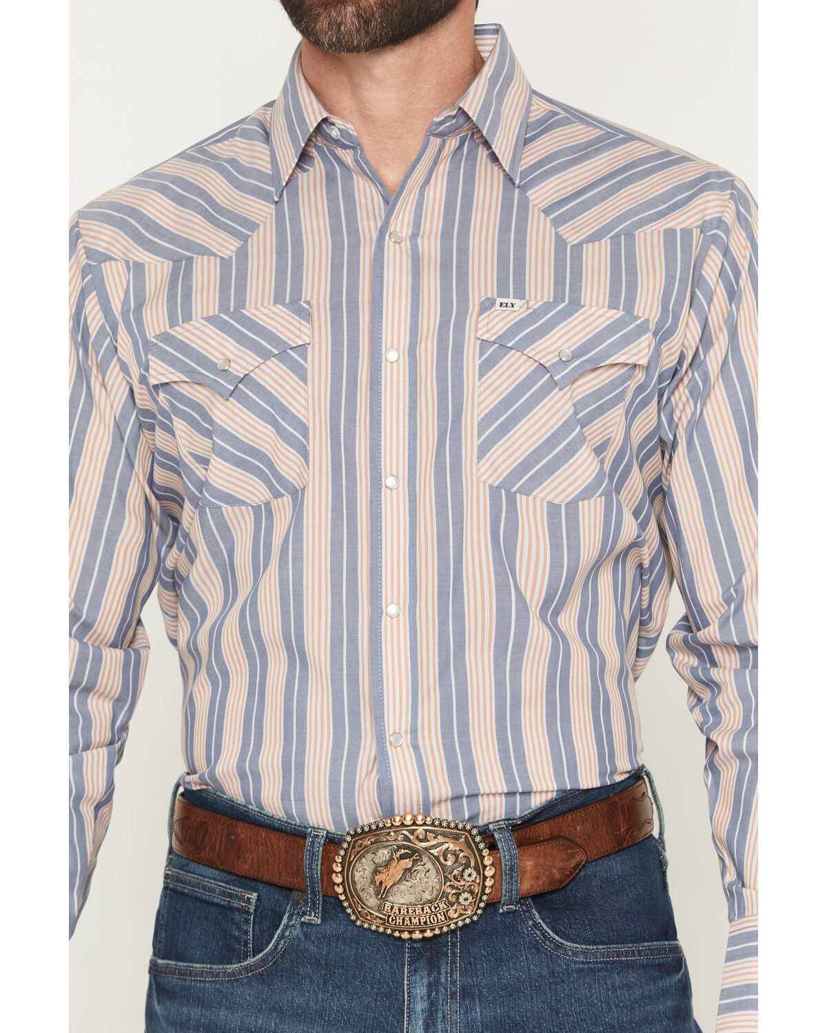 Image #3 - Ely Walker Men's Striped Long Sleeve Pearl Snap Western Shirt, Navy, hi-res