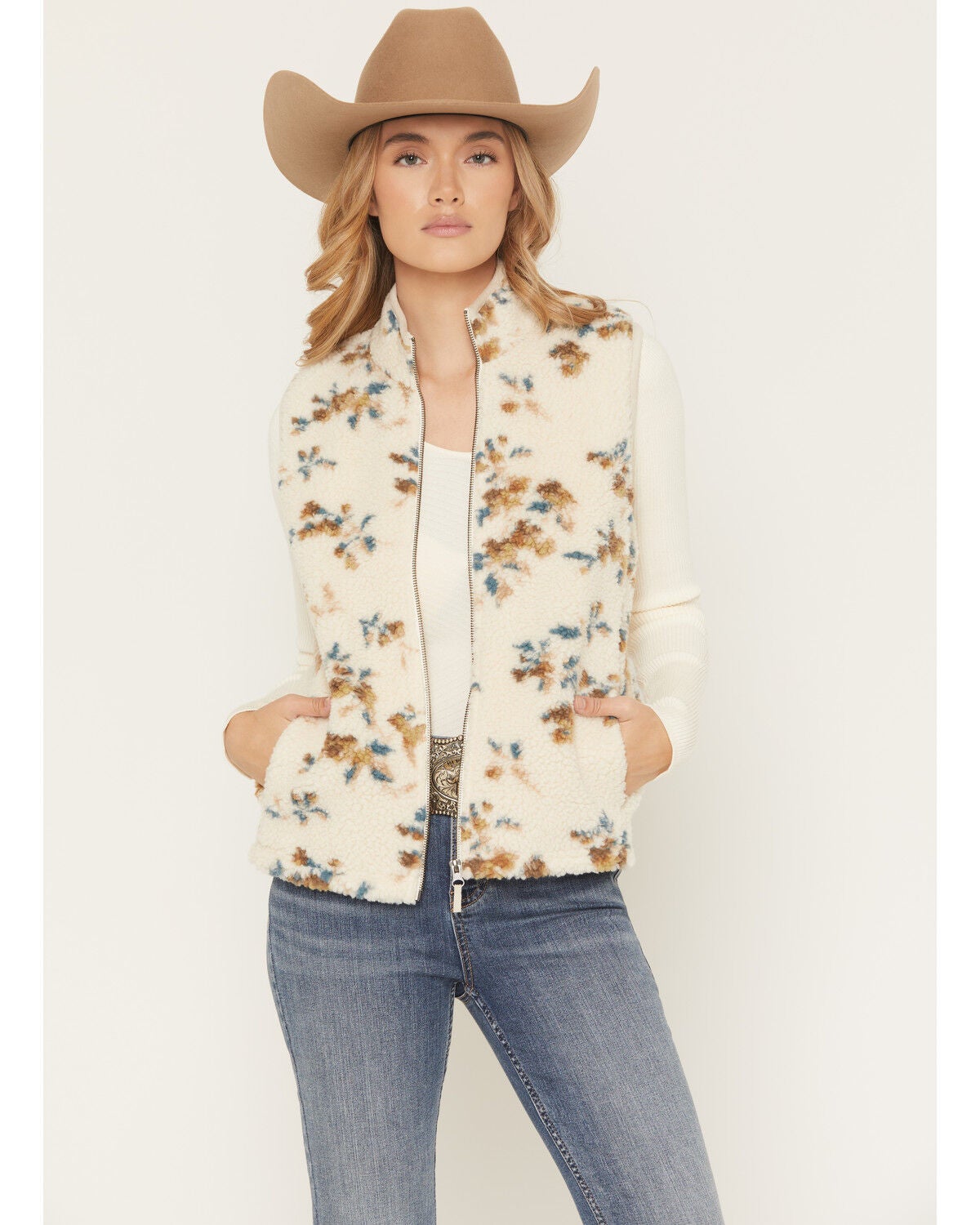 Shyanne Women's Floral Print Sherpa Vest, Cream, hi-res