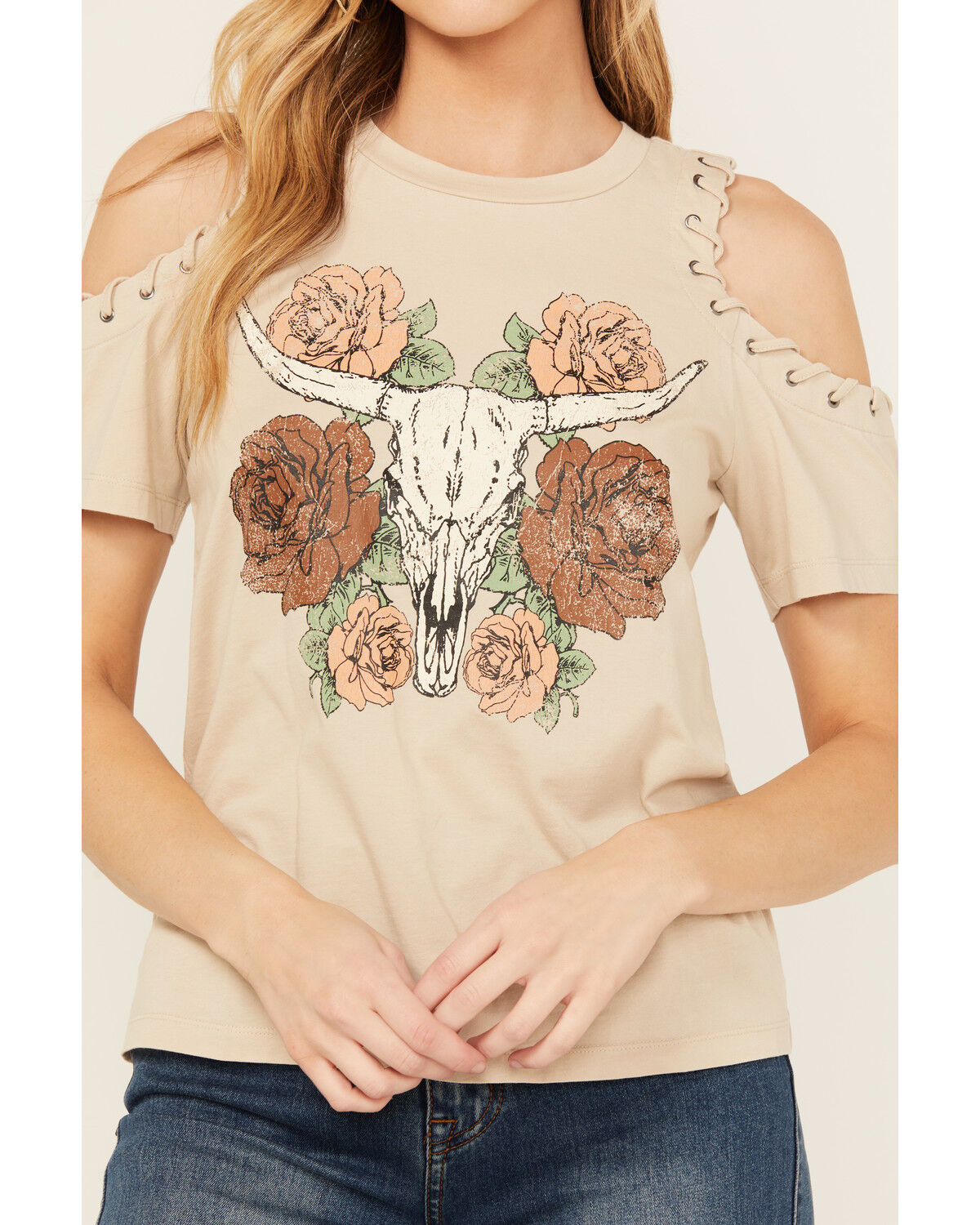 Image #3 - Shyanne Women's Cold Shoulder Steerhead Graphic Tee, Taupe, hi-res