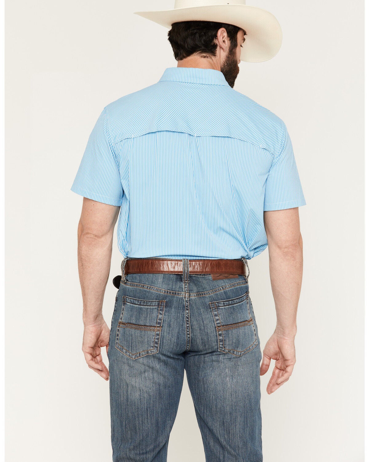 Image #4 - Rock & Roll Denim Men's Tek Core tripe Print Short Sleeve Button-Down Stretch Western Shirt, Blue, hi-res