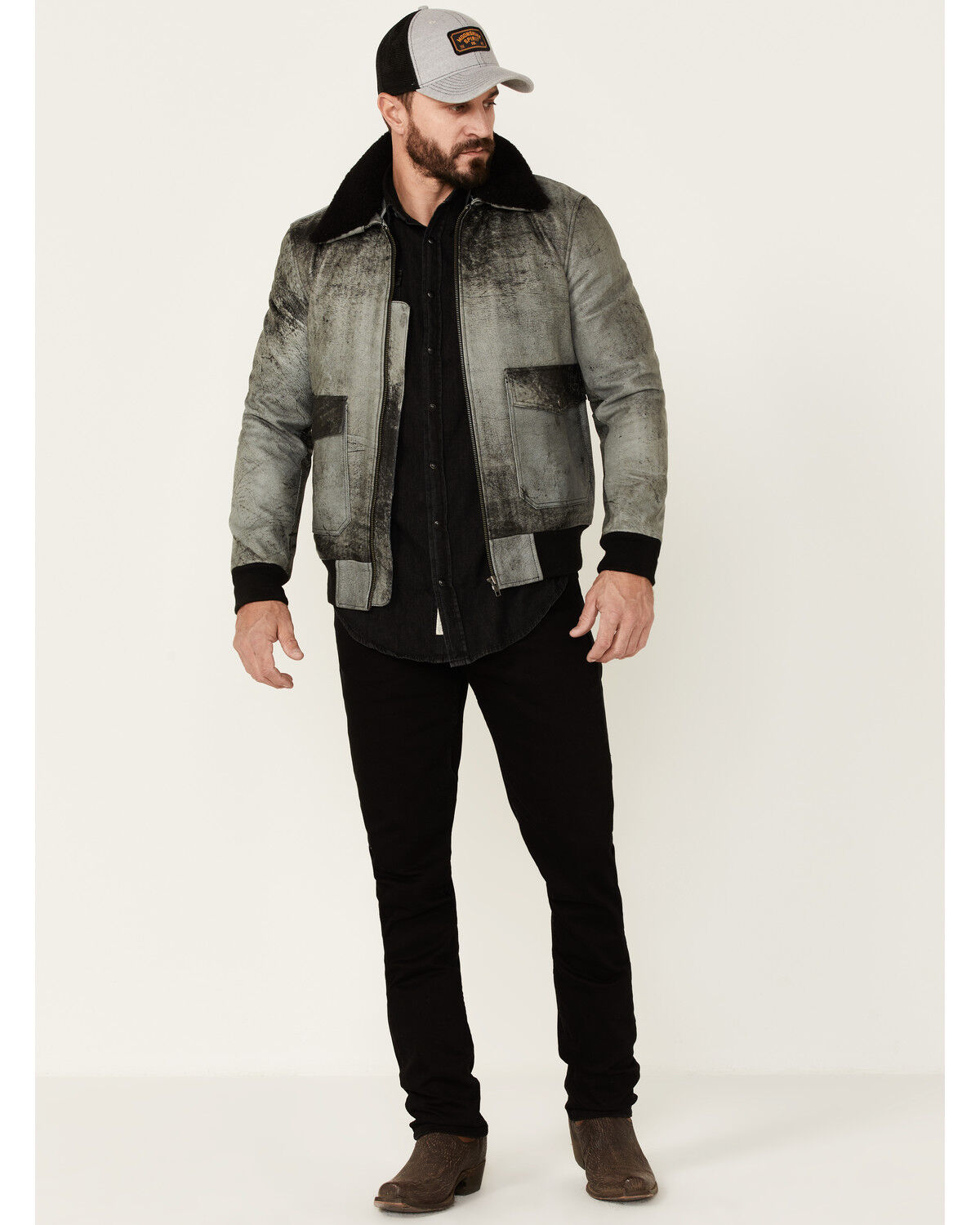 Image #2 - Understated Leather Men's Spirit Distressed Cowhide Zip-Front Leather Bomber Jacket, Distressed Black, hi-res