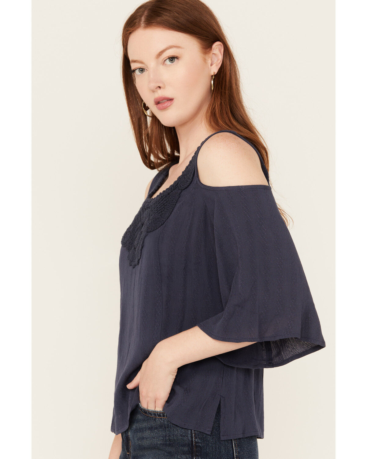 Image #2 - Shyanne Women's Solid Crochet Cold Shoulder Long Sleeve Shirt, Navy, hi-res