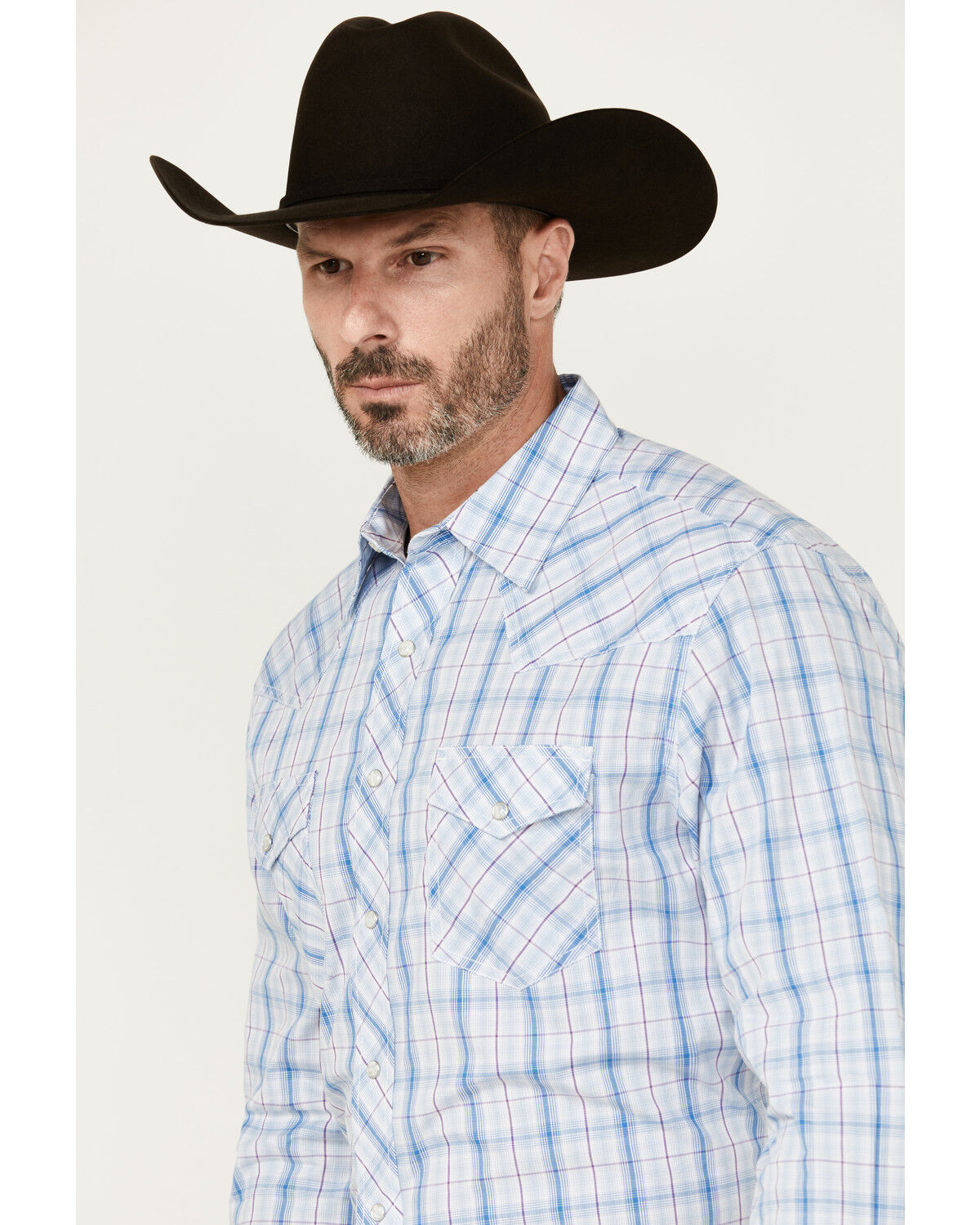 Image #2 - Wrangler 20X Men's Plaid Print Long Sleeve Snap Stretch Western Shirt, Blue, hi-res