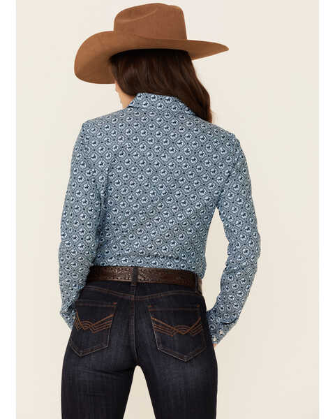 Amarillo Women's Oxford Horse Print Long Sleeve Pearl Snap Western Shirt , Blue, hi-res
