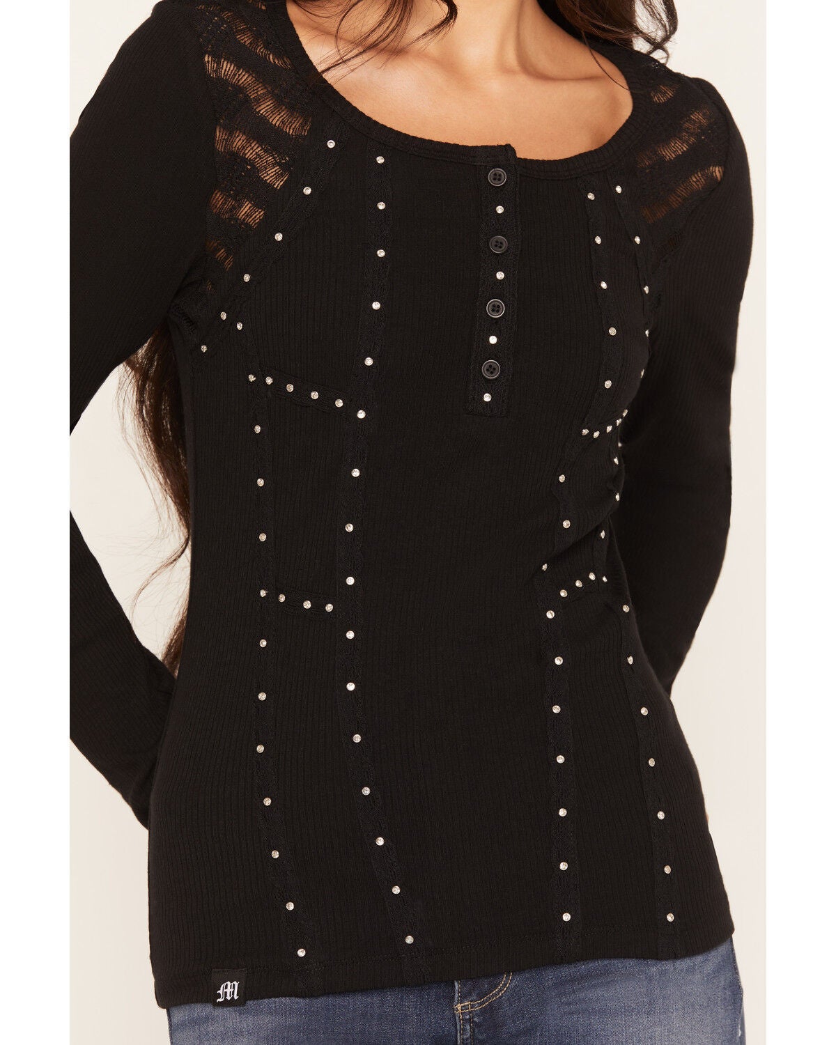 Image #3 - Miss Me Women's Lace Long Sleeve Top, Black, hi-res