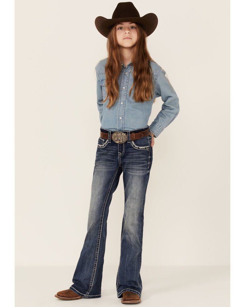 Grace In LA Girls' Medium Wash Longhorn Outline Pocket Bootcut Jeans , Blue, hi-res