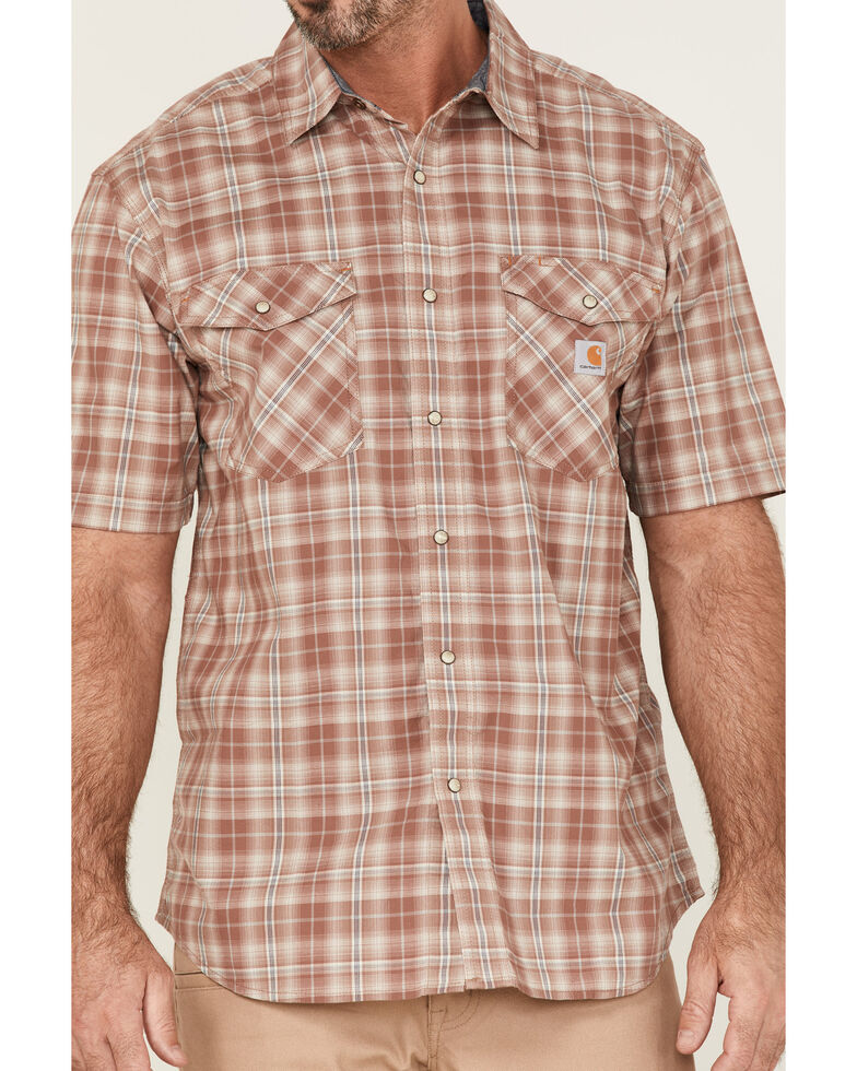 Carhartt Men's Rugged Flex Nutmeg Plaid Relaxed Short Sleeve Snap Western Shirt , Brown, hi-res