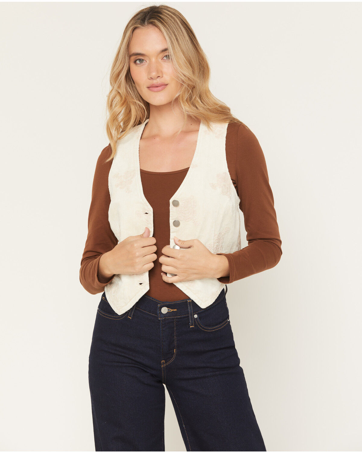 Image #1 - Mystree Women's Corduroy Floral Embroidered Vest, Ivory, hi-res
